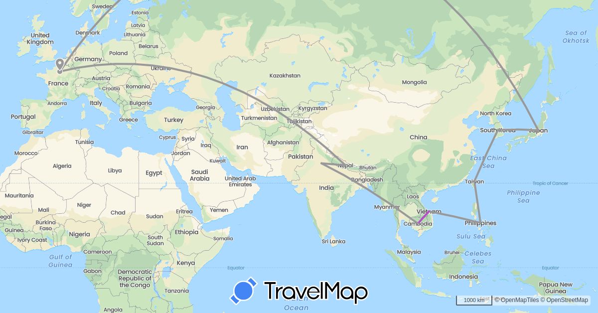 TravelMap itinerary: driving, plane, train in France, India, Japan, South Korea, Nepal, Philippines, Taiwan (Asia, Europe)
