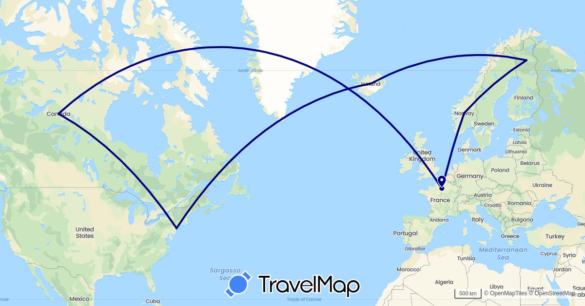 TravelMap itinerary: driving in Canada, Finland, France, Iceland, Norway, United States (Europe, North America)