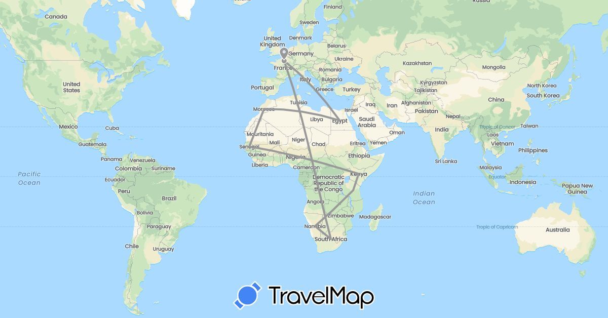 TravelMap itinerary: driving, plane in Egypt, France, Kenya, Morocco, Namibia, Senegal, Tanzania (Africa, Europe)